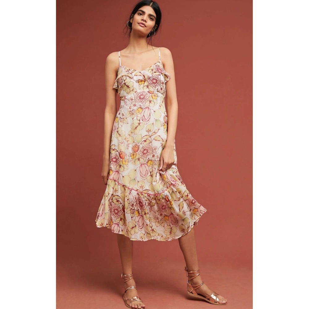 Meadow Rue Anthropologie Floral Midi Dress 8 Asymmetric Ruffle Cottage Romantic